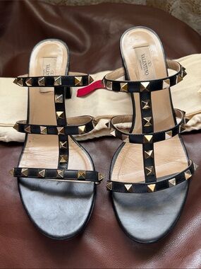 Valentino Black Leather Studded T-Strap Heels
